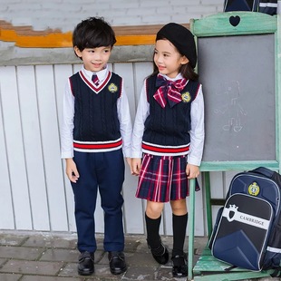 英伦学院风春秋校服 可爱红色小学生班服 针织毛衣背心幼儿园园服