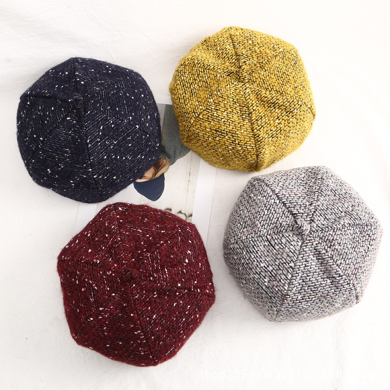 帽子女秋冬季保暖八角帽雪花点毛线贝雷帽复古百搭文艺气质画家帽