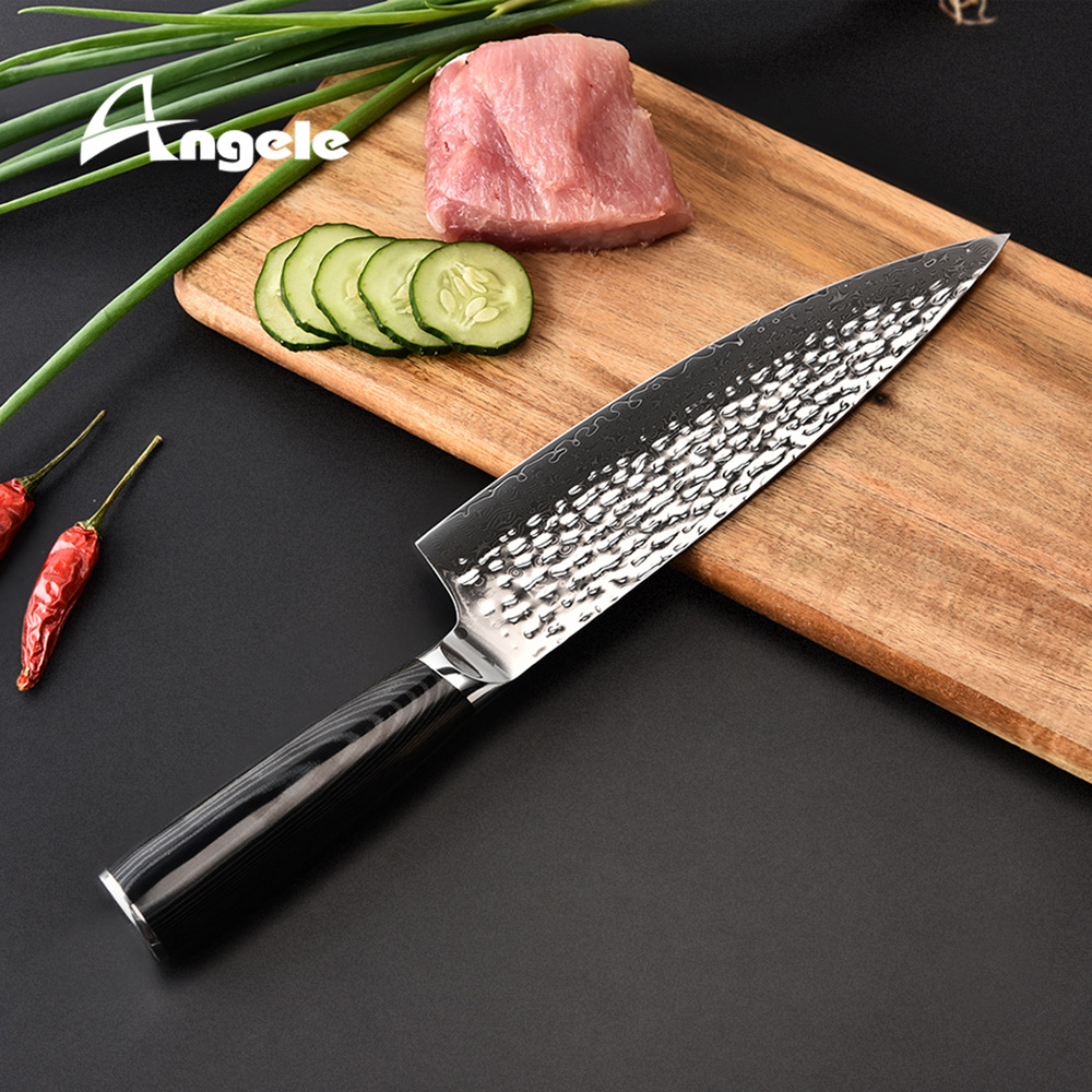 大马士革刀9cr18move锤纹8寸日本料理刀厨用刀具美克塔手柄厨房刀