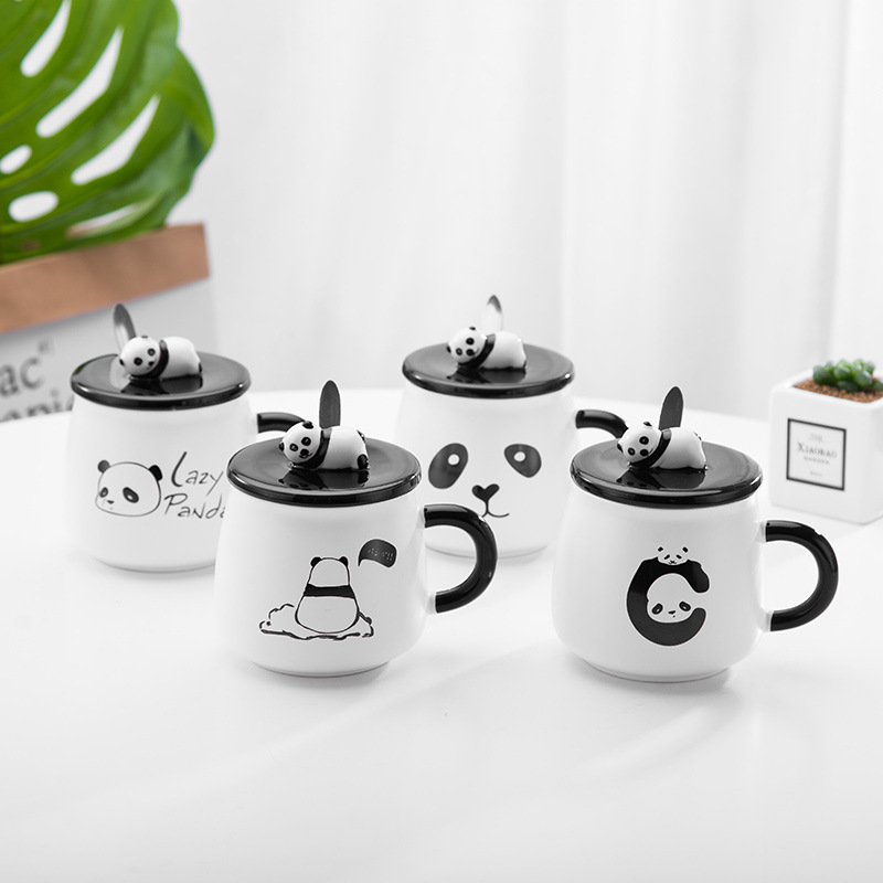 创意手绘熊猫陶瓷杯子可爱卡通早餐水杯马克杯带盖勺情侣生日礼品