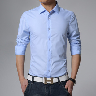 2018年春秋款纯色男款商务糖果色男士长袖修身休闲气质衬衫天蓝色