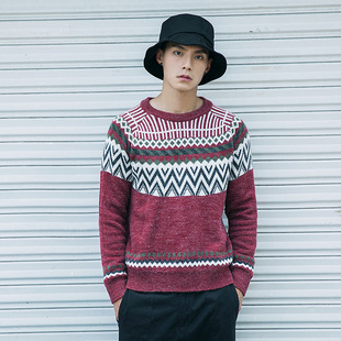 2018秋冬新款男式圆领毛衣男 名族风套头衫 宽松日系波西米亚风
