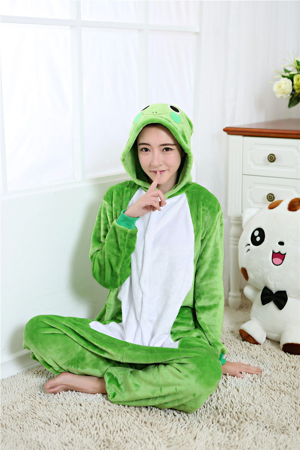 亲子装女家居连体动物睡衣卡通青蛙秋冬季珊瑚绒如厕版服kigurumi