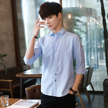 夏季男士七分袖衬衫韩版修身休闲7分袖衬衣棉麻半袖薄款中袖男装