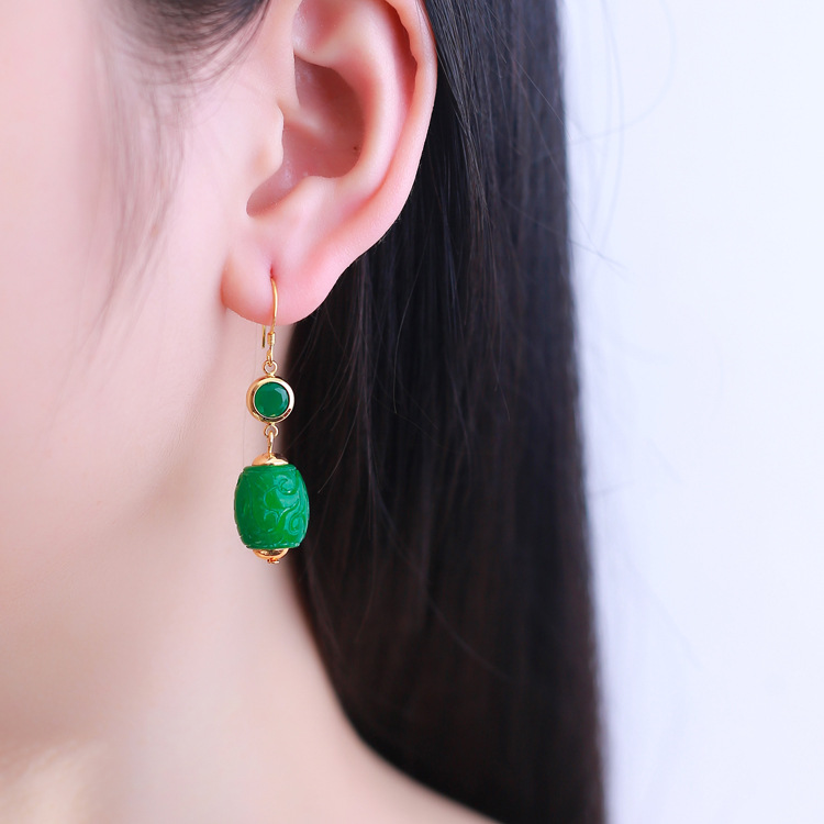 原创翡翠干青耳坠纯银复古耳钉民族风耳环气质百搭流苏多款可选