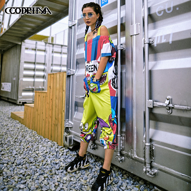 美式复古撞色连体裤吊带裤小丑裤新款上市潮牌大码女装嘻哈街舞