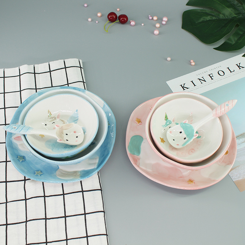 New Unicorn 4-Piece Set Plate Dishes Household Ins Internet Celebrity Tableware Cute Creative Ceramic Dinner Plate Girl's Heart