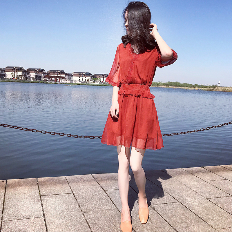 橘红色雪纺连衣裙2018夏季新款女装中长款韩版收腰显瘦裙子