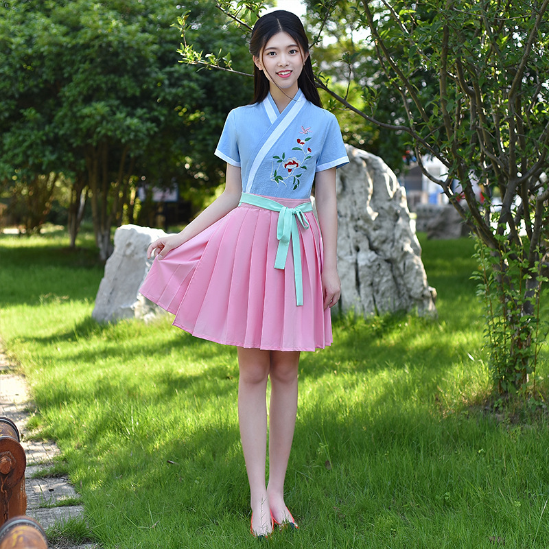 中国风刺绣花短袖短裙连衣裙改良新款汉服女夏学生毕业汉元素古装