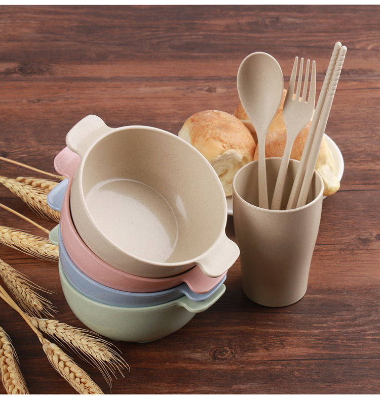 小麦秸秆餐具套装 幼儿园餐盘儿童餐具学生碗 餐具礼品可定制logo