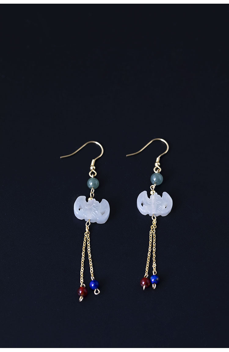 银迷手工款14k包金天然和田玉耳坠女 diy古风镂空蝙蝠耳环代发