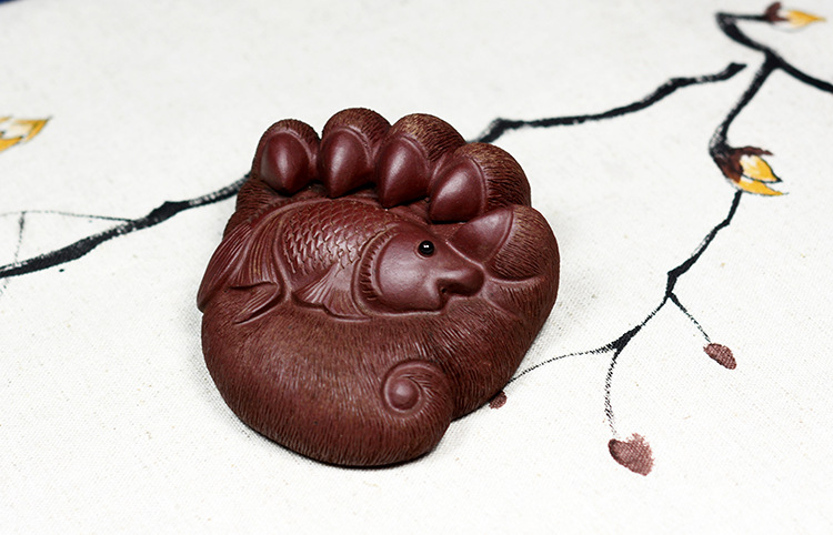 祁民厂家直销宜兴紫砂创意茶宠摆件鱼和熊掌手工艺品可养把件