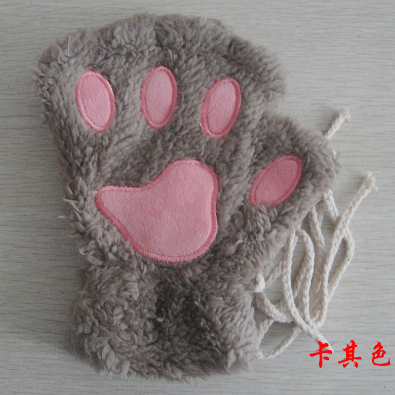 Cat's Paw Gloves Winter Cute Cartoon Cat Girl Open Finger Gloves Thickened Fluff Hand-Shaped Brush Half Finger Gloves