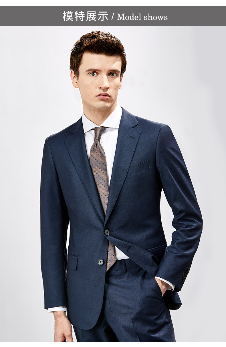 时尚平驳领鸟眼纹西服套装男秋冬新款韩版商务休闲藏蓝西装
