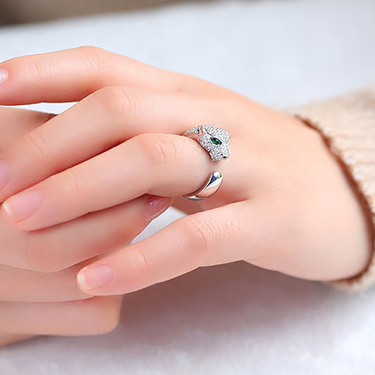 欧美经典款高档豹子豹头动物开口可调节戒指镶锆石男女情侣款指环