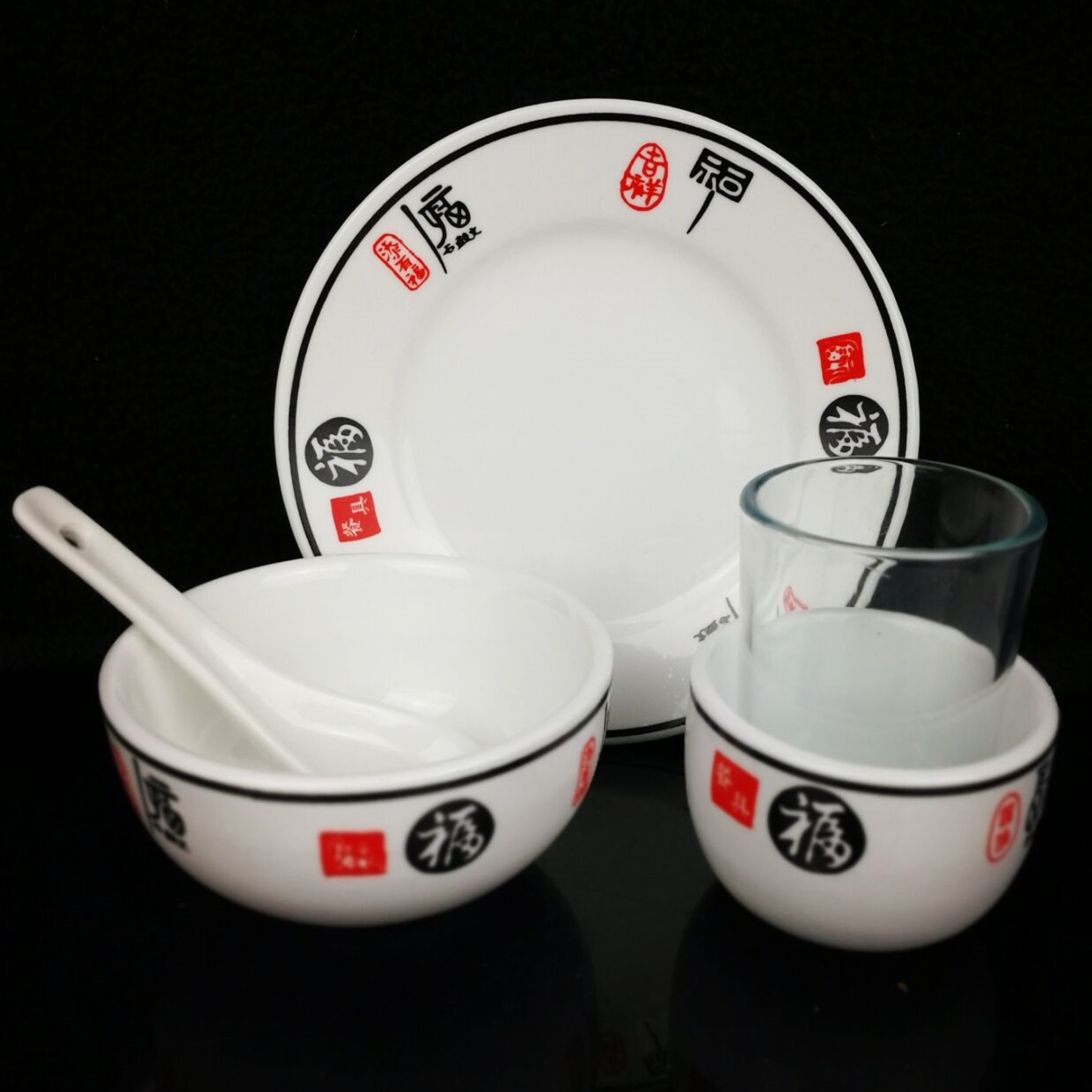 生产加厚强化瓷消毒餐具 批发钢化玻璃杯勺子46寸平盘碗加印logo