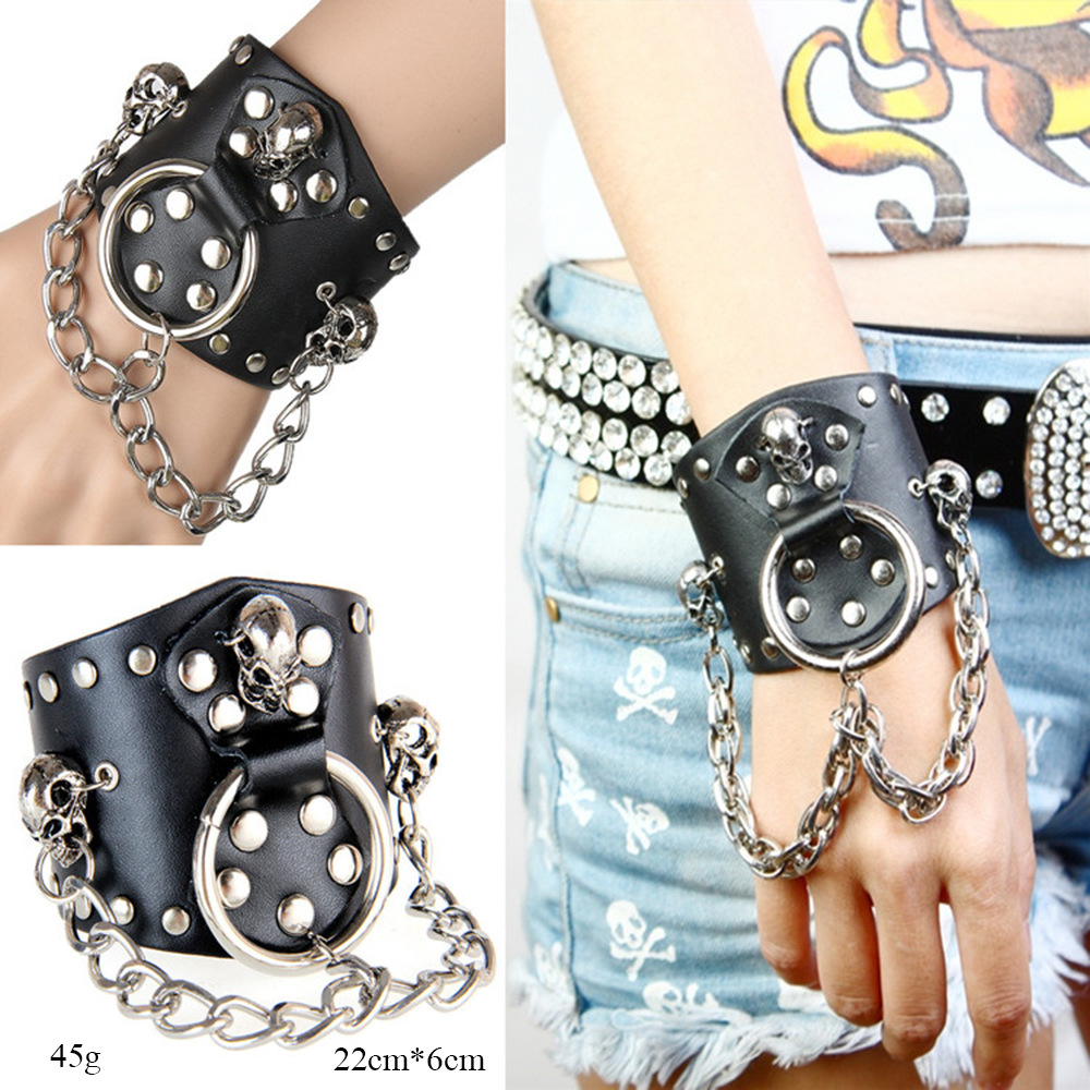 非主流朋克夸张男士骷髅头手链摇滚街舞表演配饰新款热销皮手链