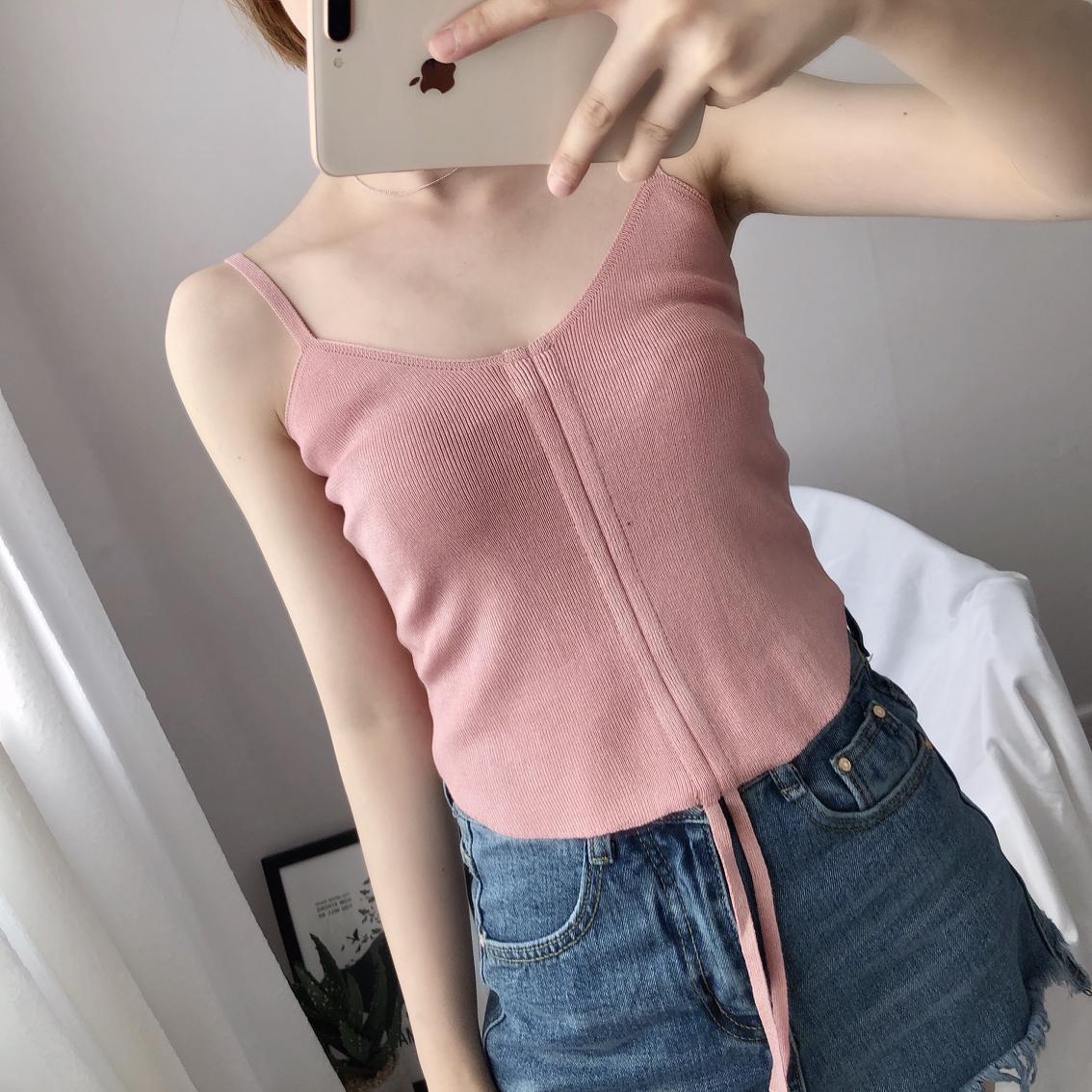 2019欧美风螺纹性感抹胸低领收腰抽绳纯色百搭背心修身吊带衫