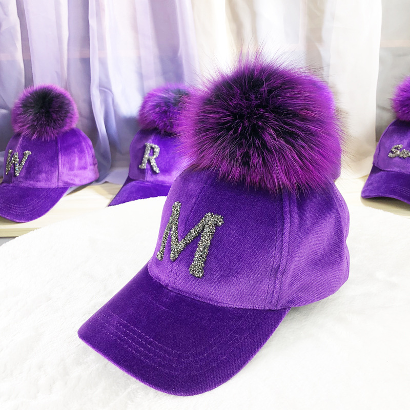 帽子女秋冬季真狐狸毛球紫色棒球帽潮韩版百搭学生街头时装鸭舌