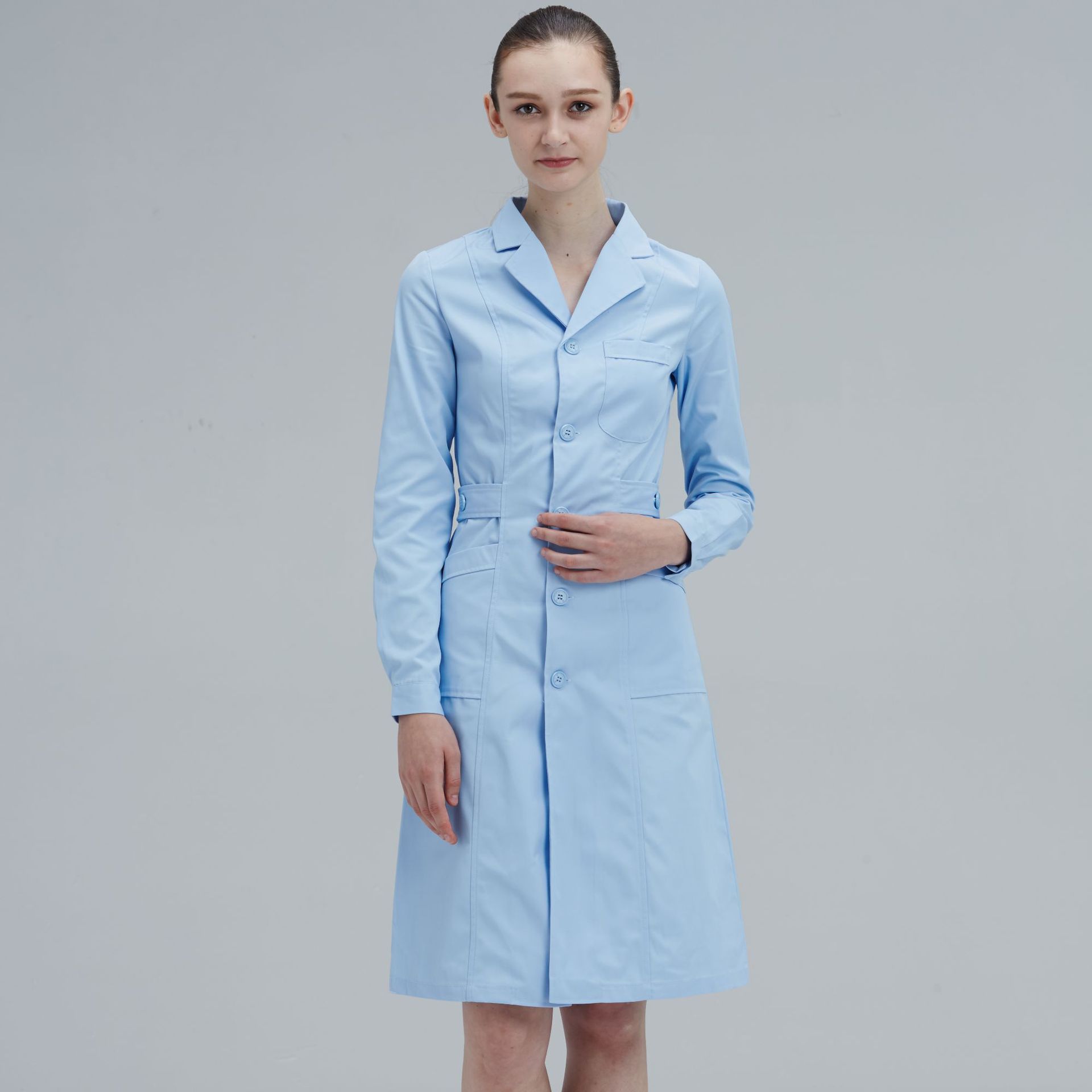 圣心缘西服领浅蓝色护士服冬季长袖女白大褂纹绣师美容师工作服