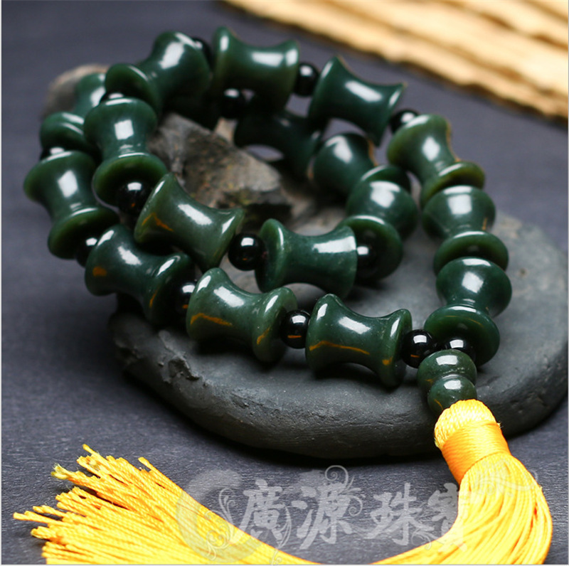 批发新疆天然和田玉青玉念珠车挂青海料佛珠车挂手串把玩玉石手链