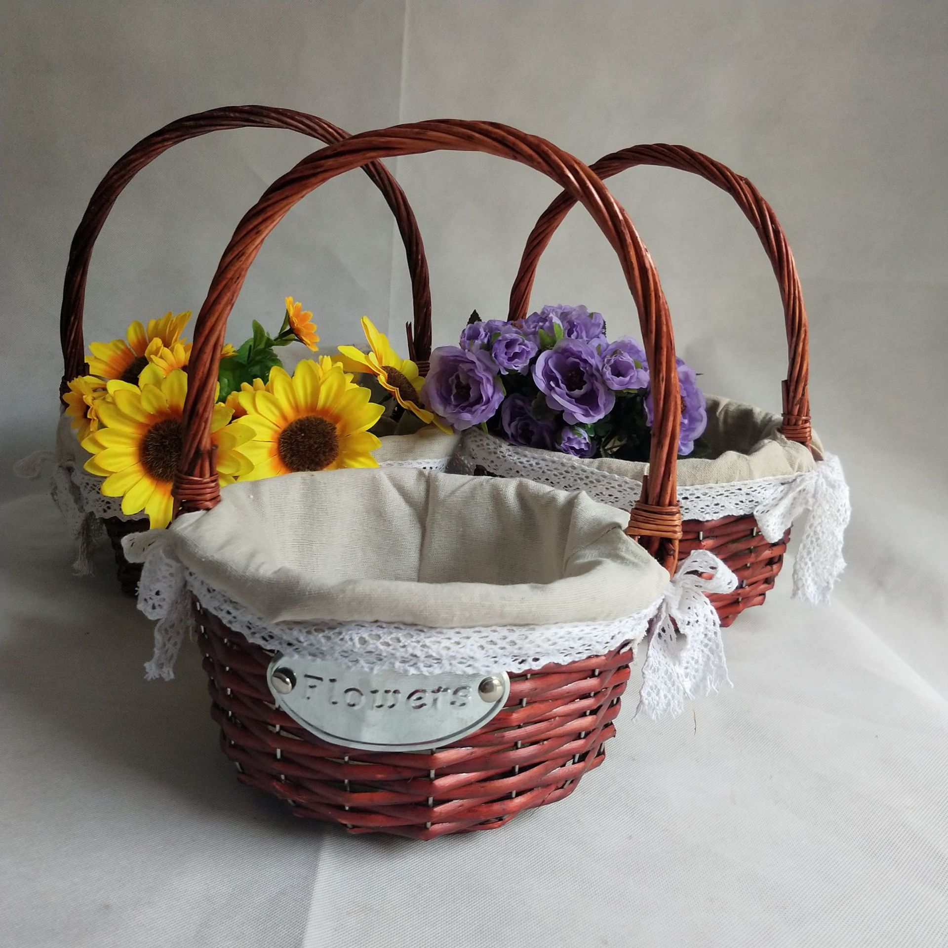 产地货源柳编手提花篮酒店家庭装饰插花蓝编织篮酒红色柳编花篮