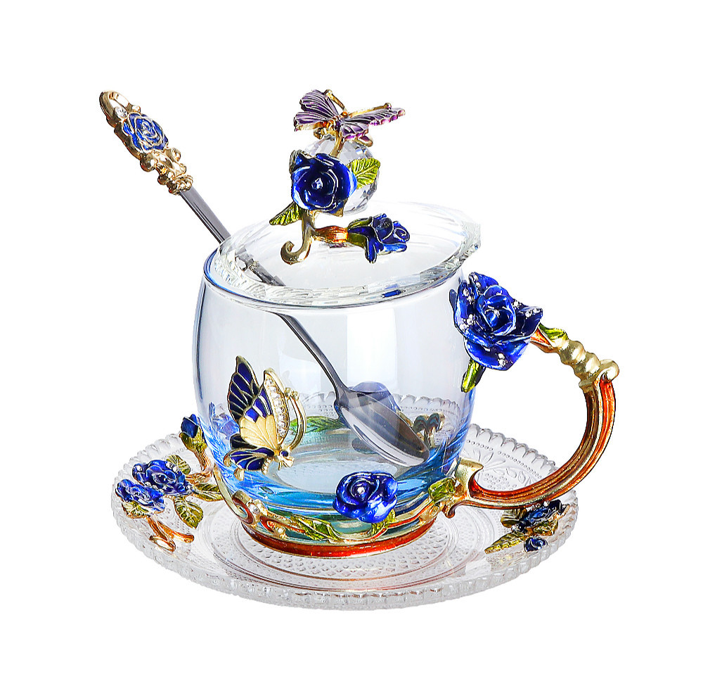 珐琅彩水杯玫瑰玻璃杯洛施花茶杯咖啡杯送节日礼物商务礼品工厂价