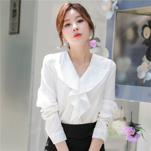 批发春夏新款衬衫女士荷叶边v领通勤打底雪纺长袖白衬衣厂家外贸