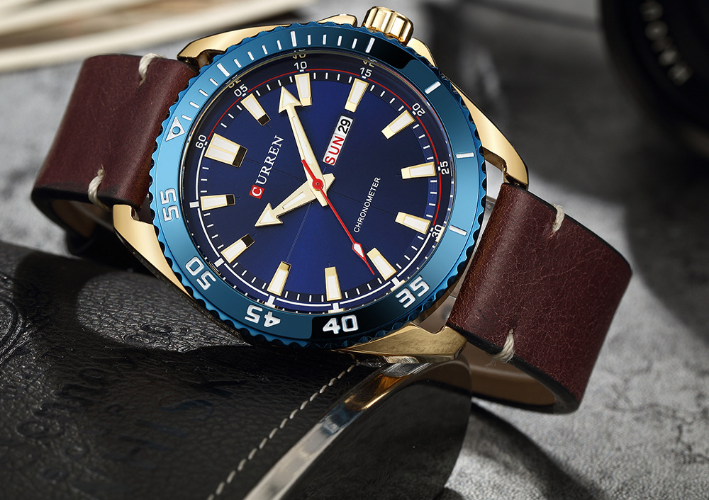 curren 卡瑞恩8272 男士防水手表双日历商务休闲皮带石英腕表男