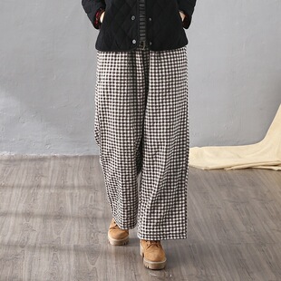 原创棉麻阔腿裤夹棉加厚棉裤宽松加棉直筒裤文艺范格子显瘦长裤女