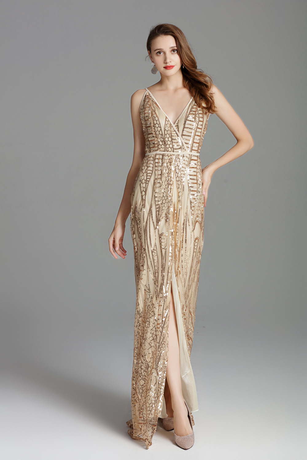 ck812秋季新款绣花亮片v领开叉长款晚宴晚礼服聚会年会显瘦婚礼女