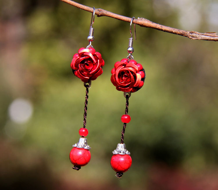 民族风耳环 长款复古玫瑰花耳坠 气质中国风宫廷影视古典饰品