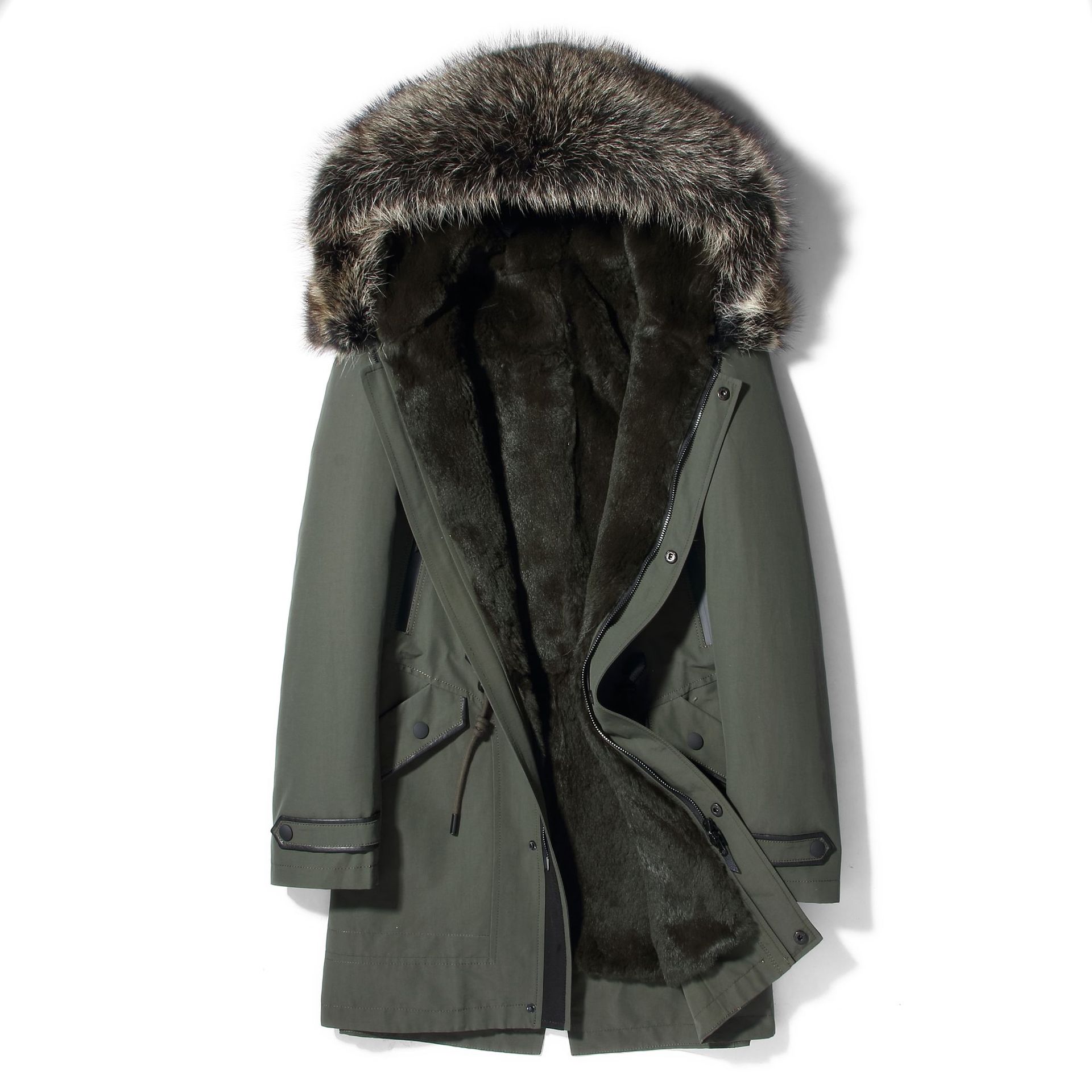 男士派克服真皮皮毛一体兔毛可脱卸内胆休闲风衣修身中长款外套