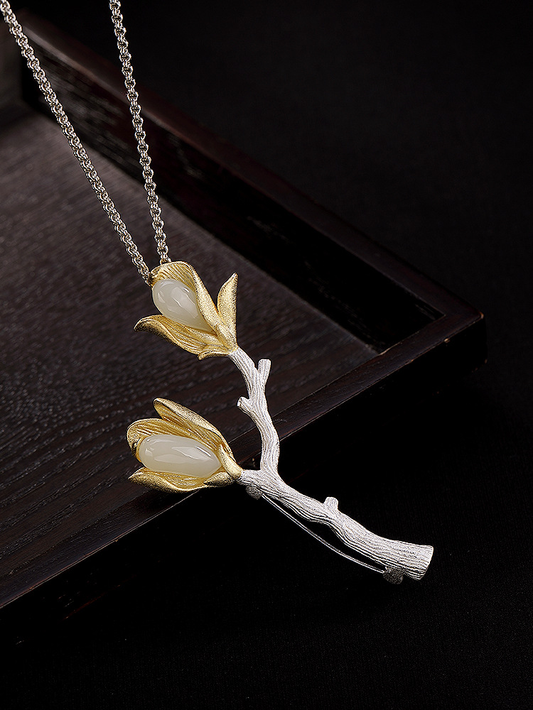 s925纯银镶嵌和田玉白玉碧玉玉兰花树根树枝款胸针货号g10000