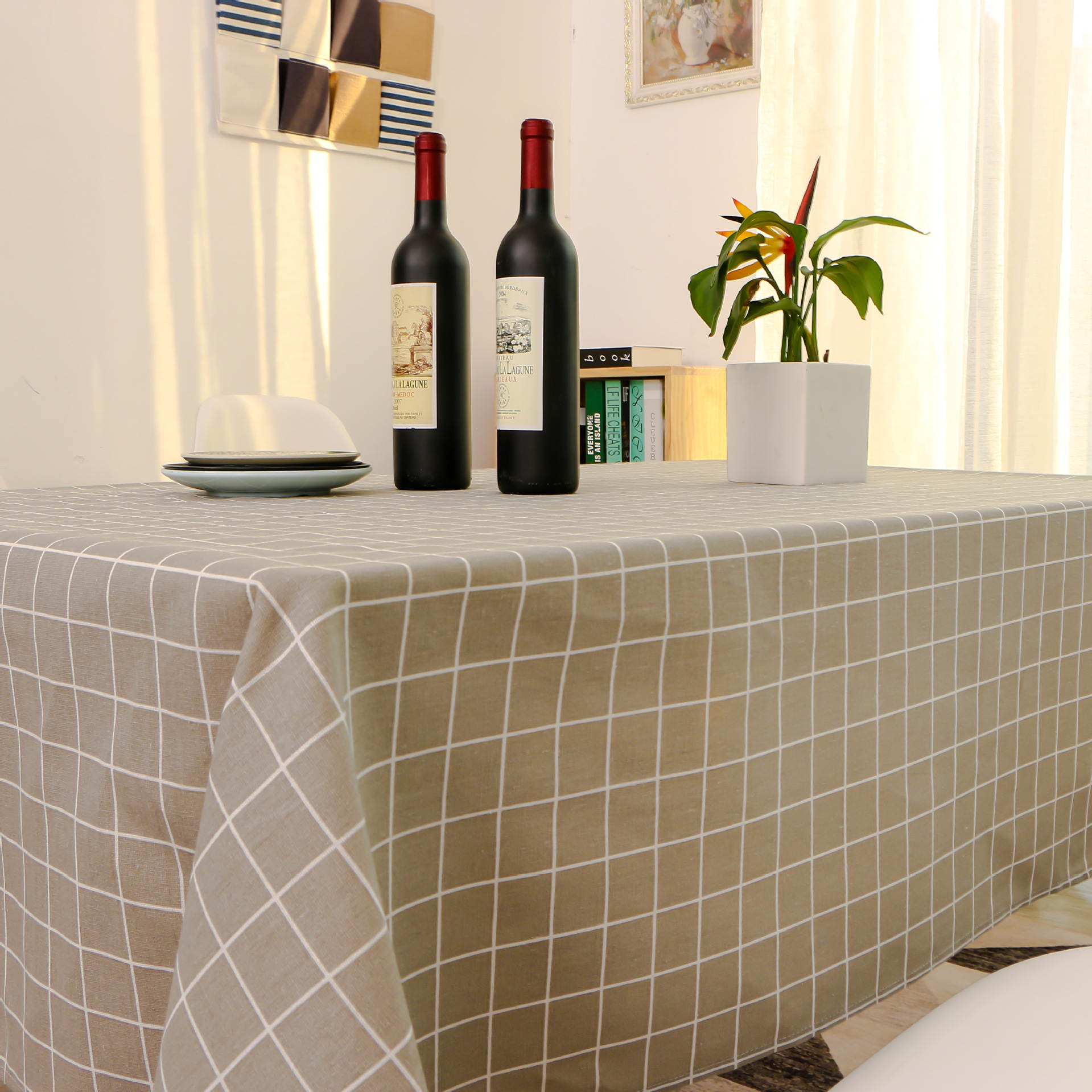 餐厅茶几台布布艺 现代简约格子棉麻桌布长方形餐桌布拍照背景布