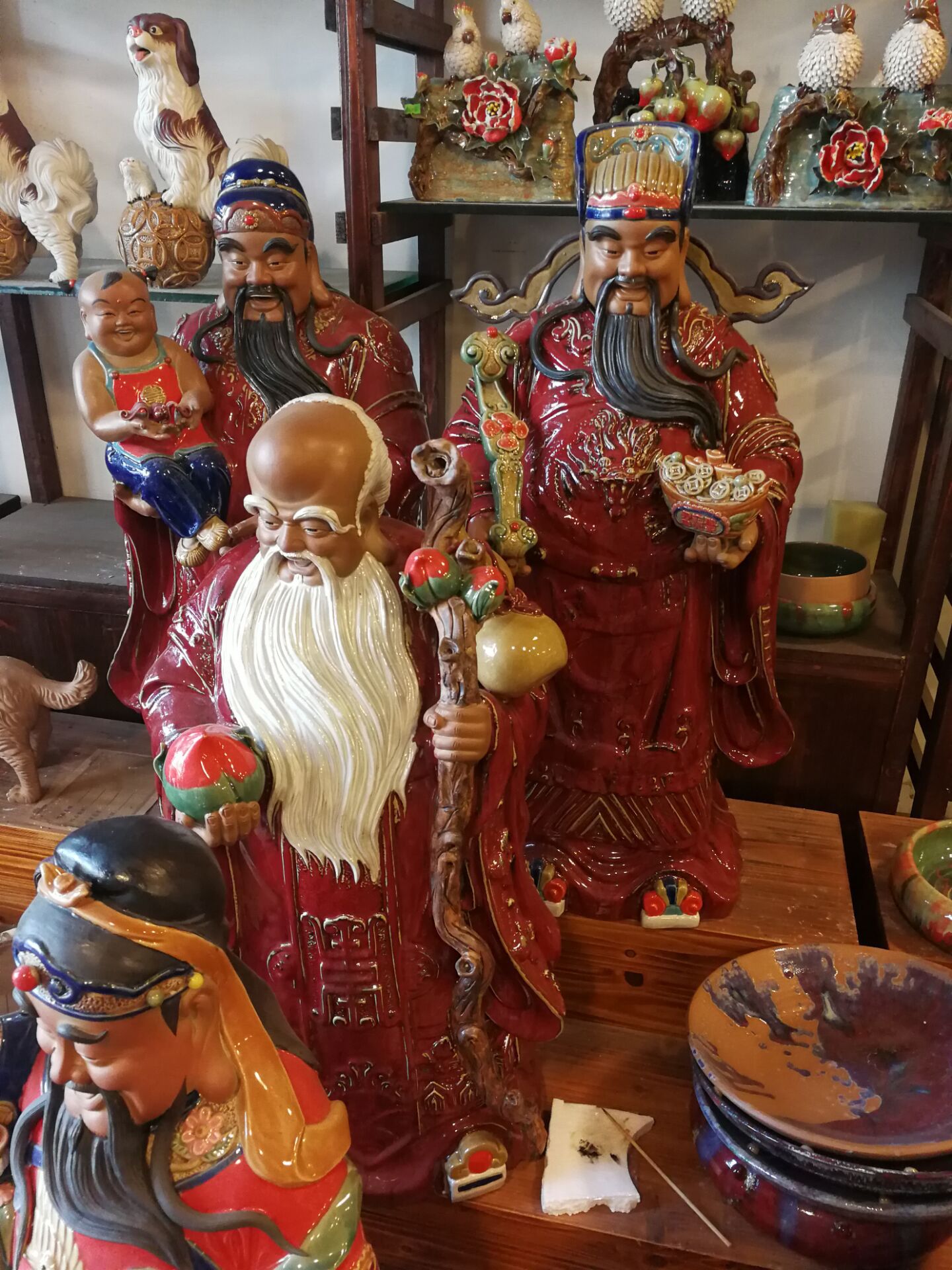 三星福禄寿石湾陶瓷公仔中式家居摆设风水吉祥物招财镇宅正宗红釉