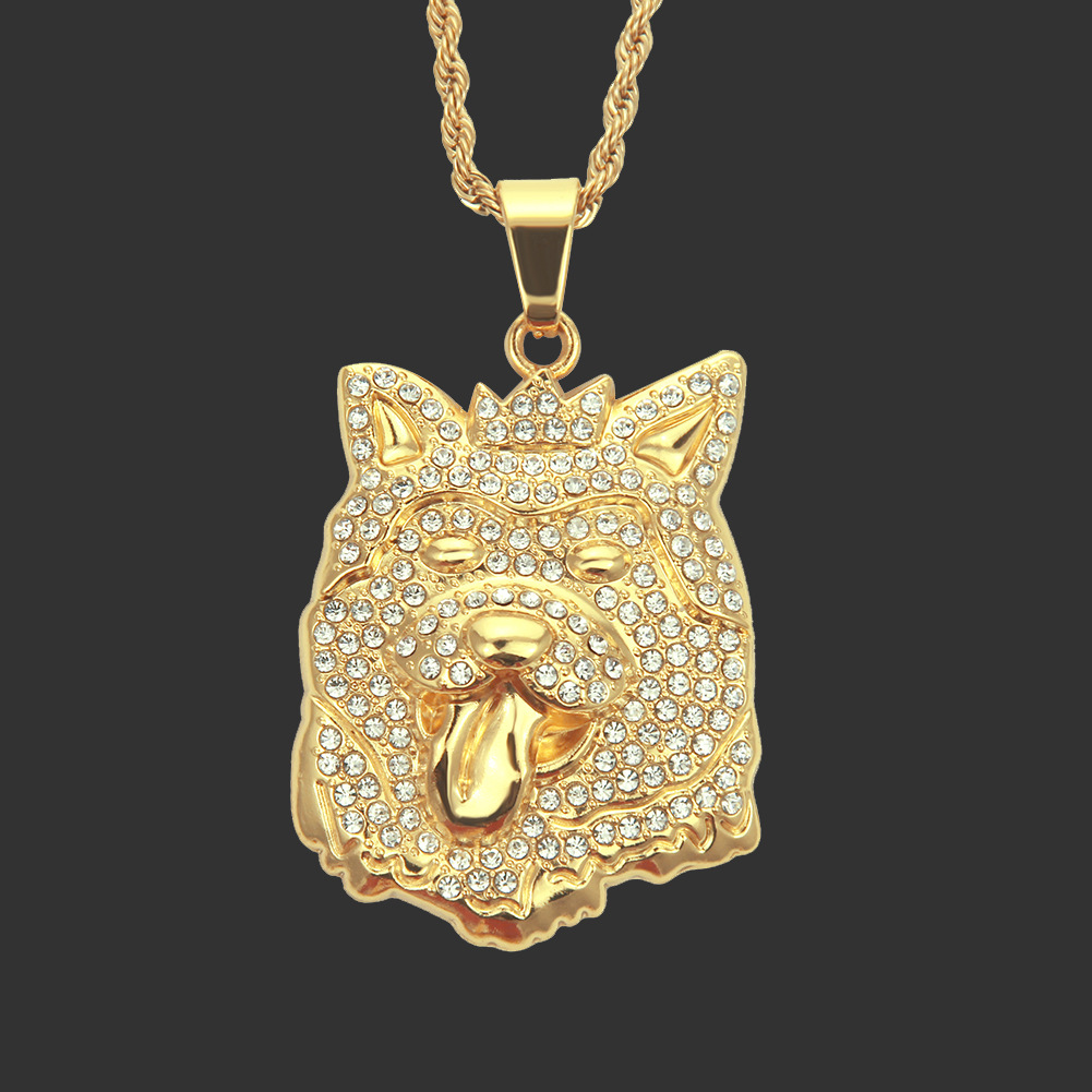 跨境热销欧美嘻哈风项链 14k保色电镀镶钻狗头男士吊坠 厂家批发
