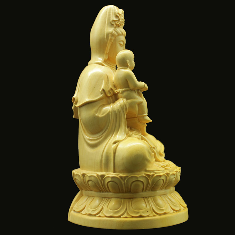 黄杨木雕送子观音菩萨佛像佛堂供奉童子观音实木人物雕刻手工艺品