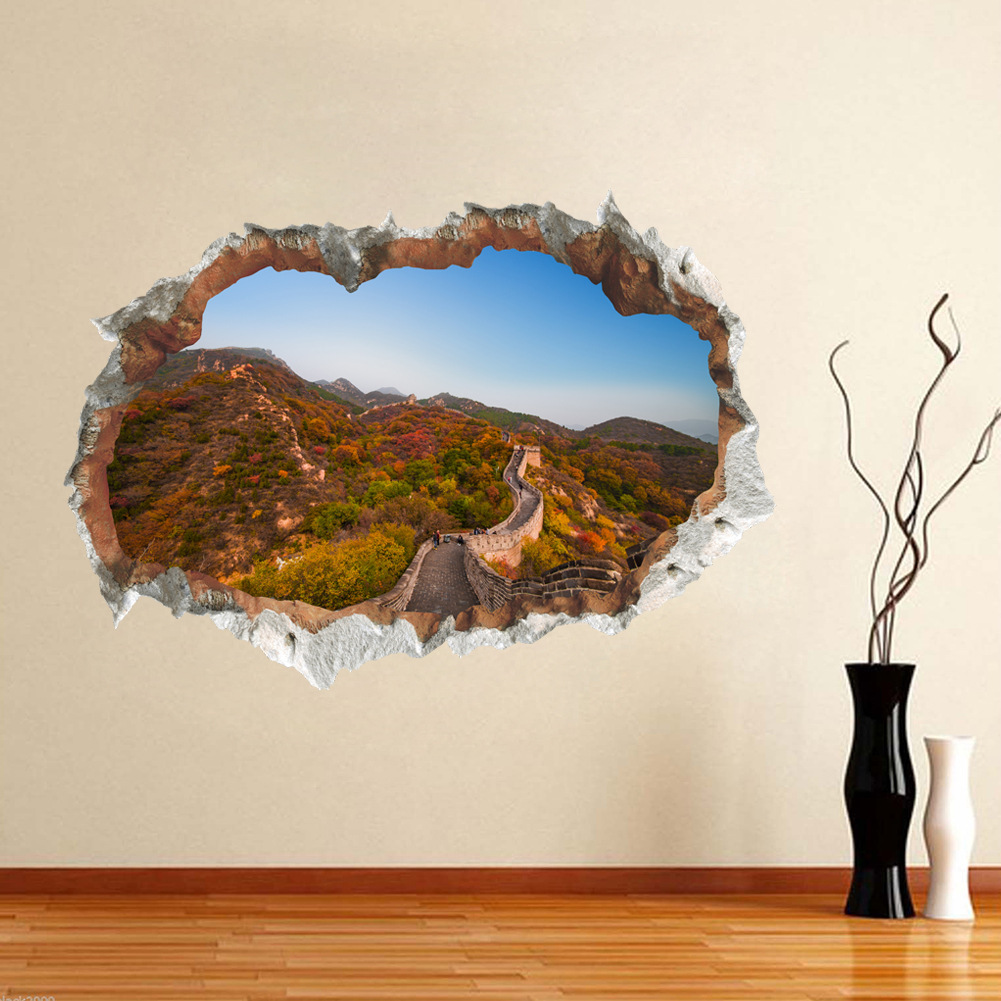 新款3d破墙群山长城风景立体墙贴画 卧室客厅环保装饰 来图定制