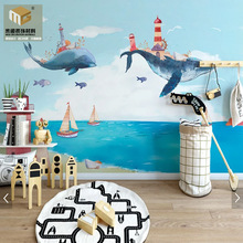 北欧无缝大型创意水彩地中海海洋鲸鱼儿童房背景墙电视背景墙纸壁