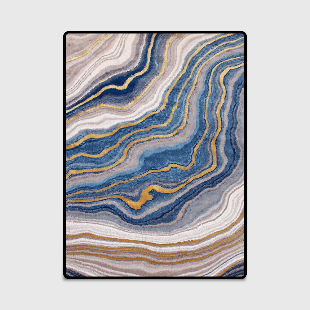 现代轻奢欧式抽象北欧艺术蓝金色石纹卧室门客厅防滑地垫地毯定制