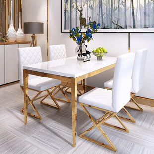 钛金后现代餐桌椅组合家具套装304#不锈钢家用吃饭桌子长方形6人