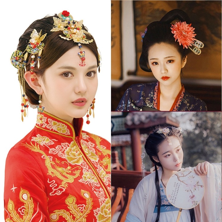 古装假发纯发丝牛角包汉服cos月牙发髻小龙女两侧可弯曲垫发包