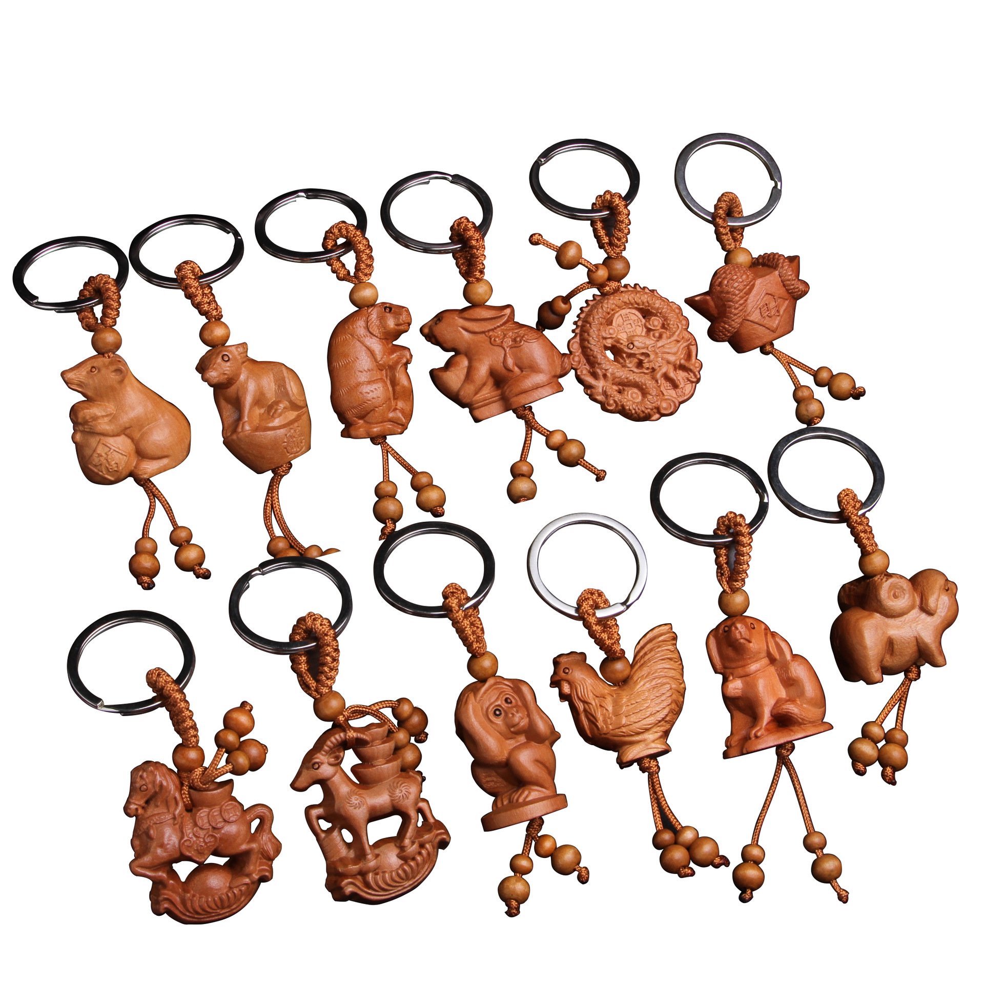 Three-Dimensional Twelve Zodiac Peach Wood Keychain Safe Car Keychain Pendant Stall Hand Carved
