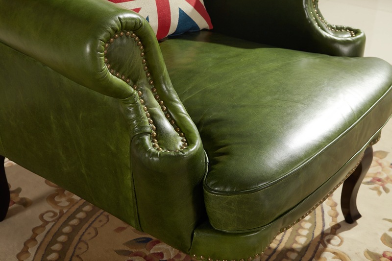 老虎椅美式乡村沙发样板房单人书房沙发椅酒店客厅皮艺沙发墨绿色