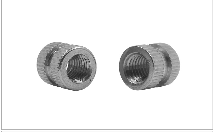 304不锈钢滚花镶嵌件圆螺母 双通注塑螺母 通孔预埋件滚花螺母m8