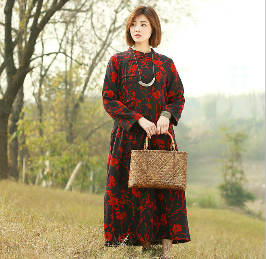 枝牌春秋季棉麻女装平绒提花民族风长裙复古斜襟长袍连衣裙批发