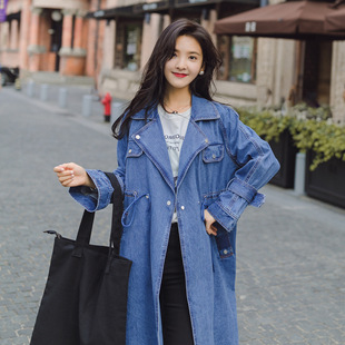 韩版插肩袖蓝色牛仔风衣女中长款港风2018秋新款宽松chic抽绳外套