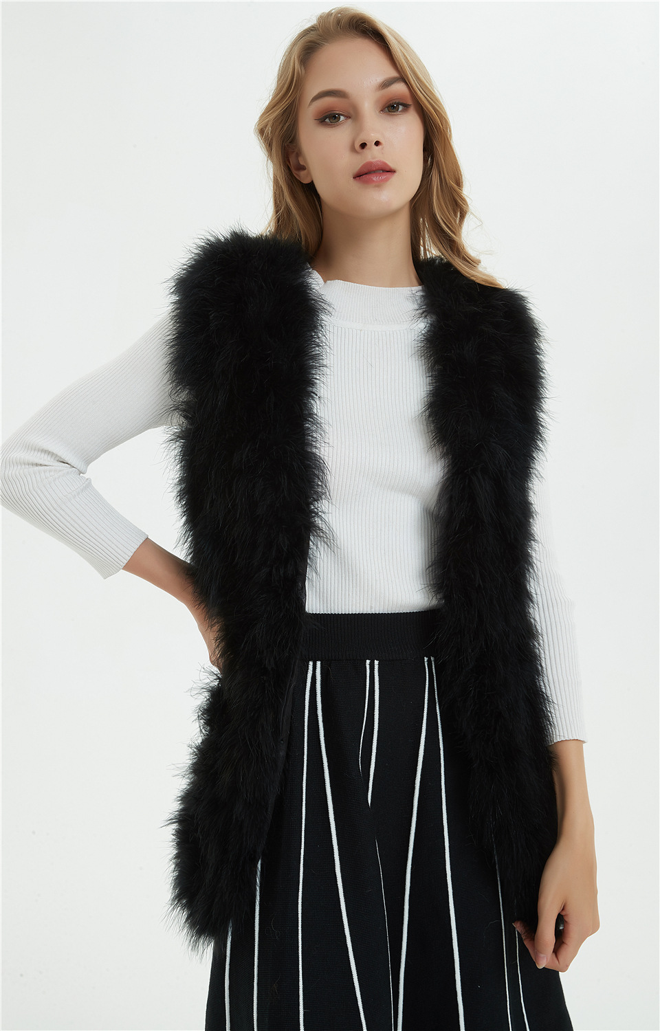 新款秋冬季多色可选皮草马甲鸵鸟毛长款马甲裘皮长款马甲一件代发