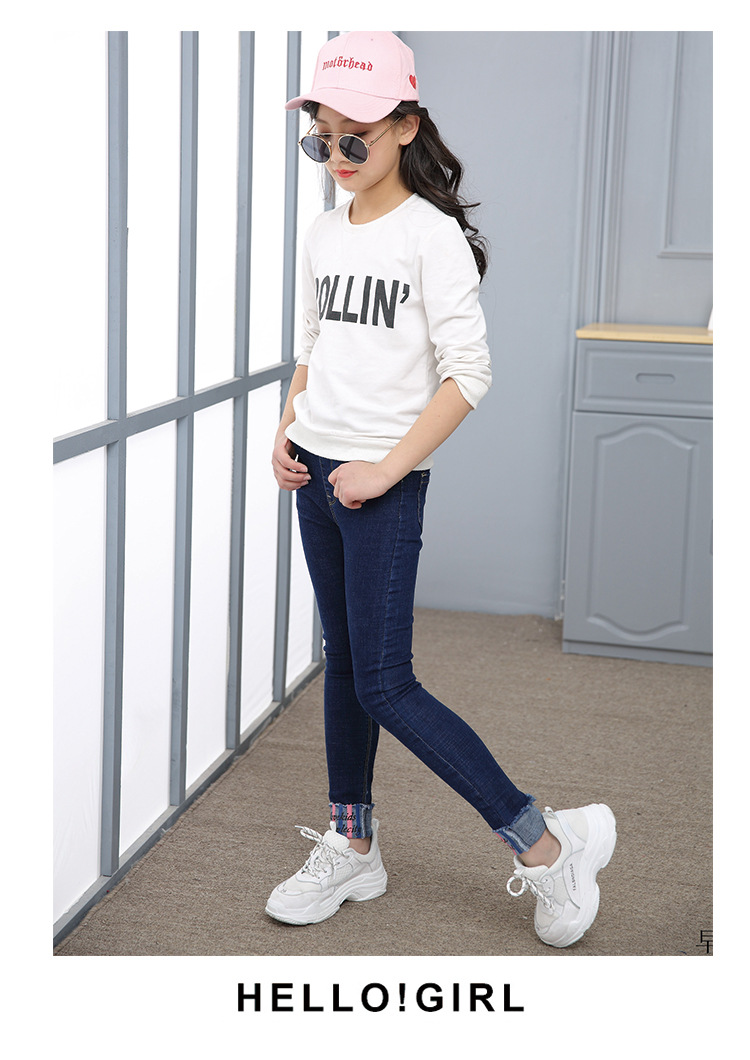 女童春秋款牛仔裤女孩子小学生修身高弹力小脚卷边裤腿牛仔长裤子